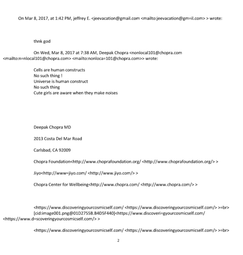 Emails in the Epstein Files between Deepak Chopra and Jeffrey Epstein.
