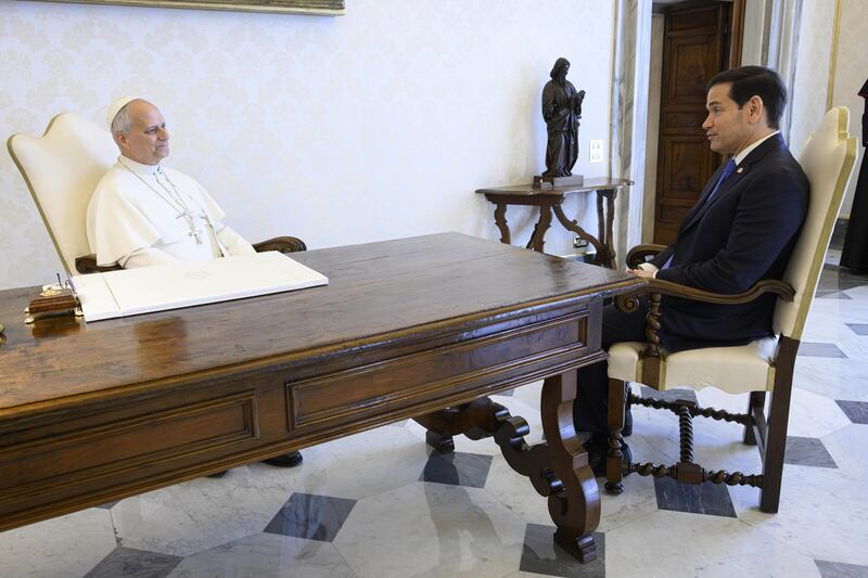 Pope Leo XIV seated with Secretary Of State Marco Rubio at the Apostolic Palace on May 07, 2026 in Vatican City, Vatican.