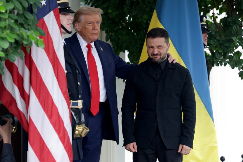 WASHINGTON, DC - AUGUST 18:  U.S. President Donald Trump greets Ukrainian President Volodymyr Zelensky at the White House on August 18, 2025 in Washington, DC. President Trump is hosting President Zelensky at the White House for a bilateral meeting and later an expanded meeting with European leaders to discuss a peace deal between Russia and Ukraine.