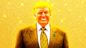 A photo illo illustration of a golden Donald Trump.