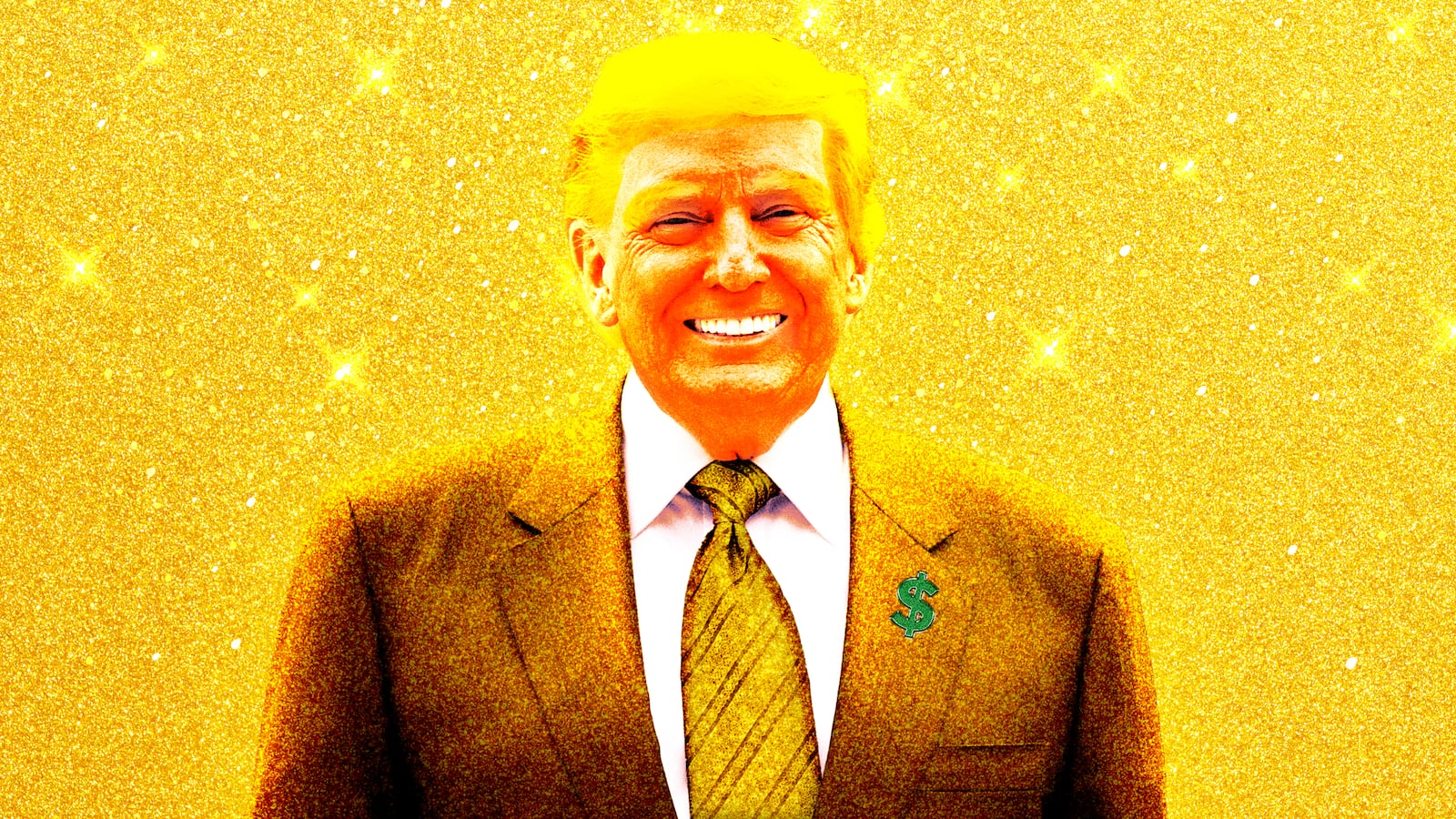 A photo illo illustration of a golden Donald Trump.