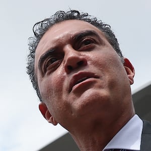 ARLINGTON, VIRGINIA - JULY 16: U.S. Secretary of Defense Pete Hegseth (L) is briefed on the XQ-58A Valkyrie UAS by Emil Michael (R), Under Secretary of Defense (Research & Engineering, while touring an exhibit of Multi-Domain Autonomous systems at the Pentagon July 16, 2025 in Arlington, Virginia. The exhibit, created by the office of the Under Secretary of Defense for Research and Engineering, highlights systems developed for the Defense Department intended to maintain a technological for the U.S. military. (Photo by Win McNamee/Getty Images)