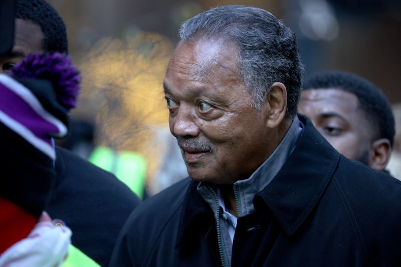 CHICAGO, ILLINOIS - NOVEMBER 20: Rev. Jesse L. Jackson, Sr. Former United States Senator is seen as hundreds are gathered at the Federal Plaza and take streets to protest after Kyle Rittenhouse verdict in Chicago, Illinois, United States on November 20, 2021. (Photo by Tayfun Coskun/Anadolu Agency via Getty Images)