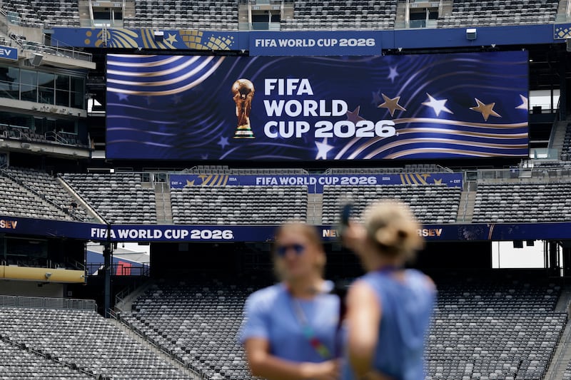 Soccer Football - FIFA World Cup 2026 - New York/New Jersey Stadium Tour - New York/New Jersey Stadium, East Rutherford, New Jersey, U.S. - June 10, 2026 General view of FIFA World Cup 2026 branding inside the stadium REUTERS/Jeenah Moon