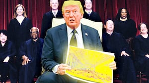 A photo illustration of Donald Trump holding up renderings of his ballroom plans and SCOTUS justices.