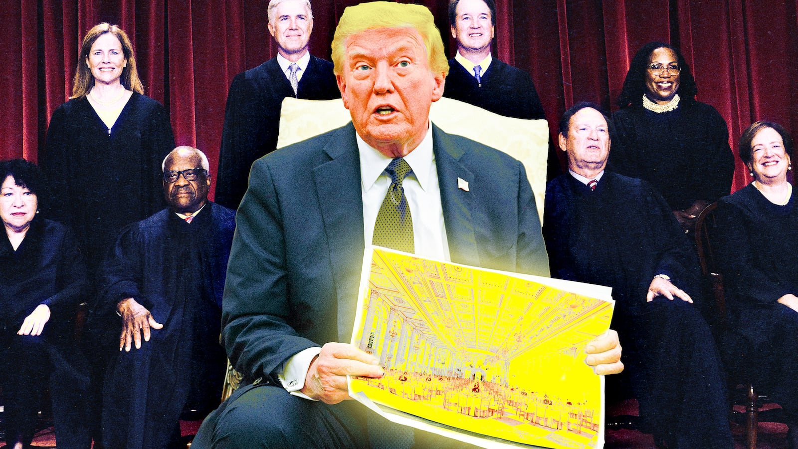 A photo illustration of Donald Trump holding up renderings of his ballroom plans and SCOTUS justices.