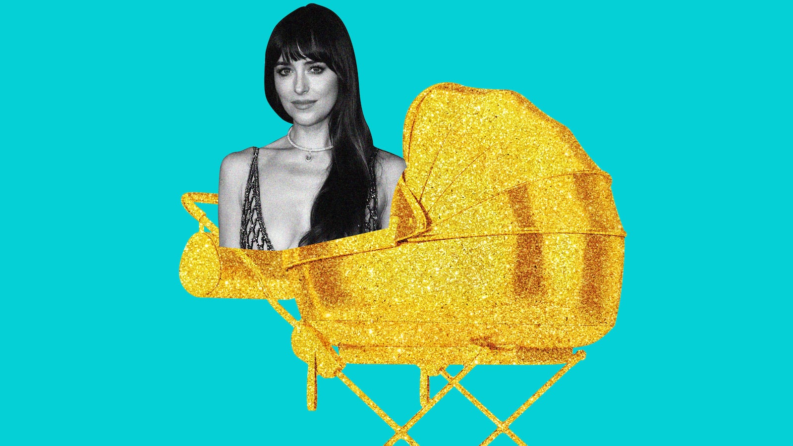 Dakota Johnson in a golden baby carriage.