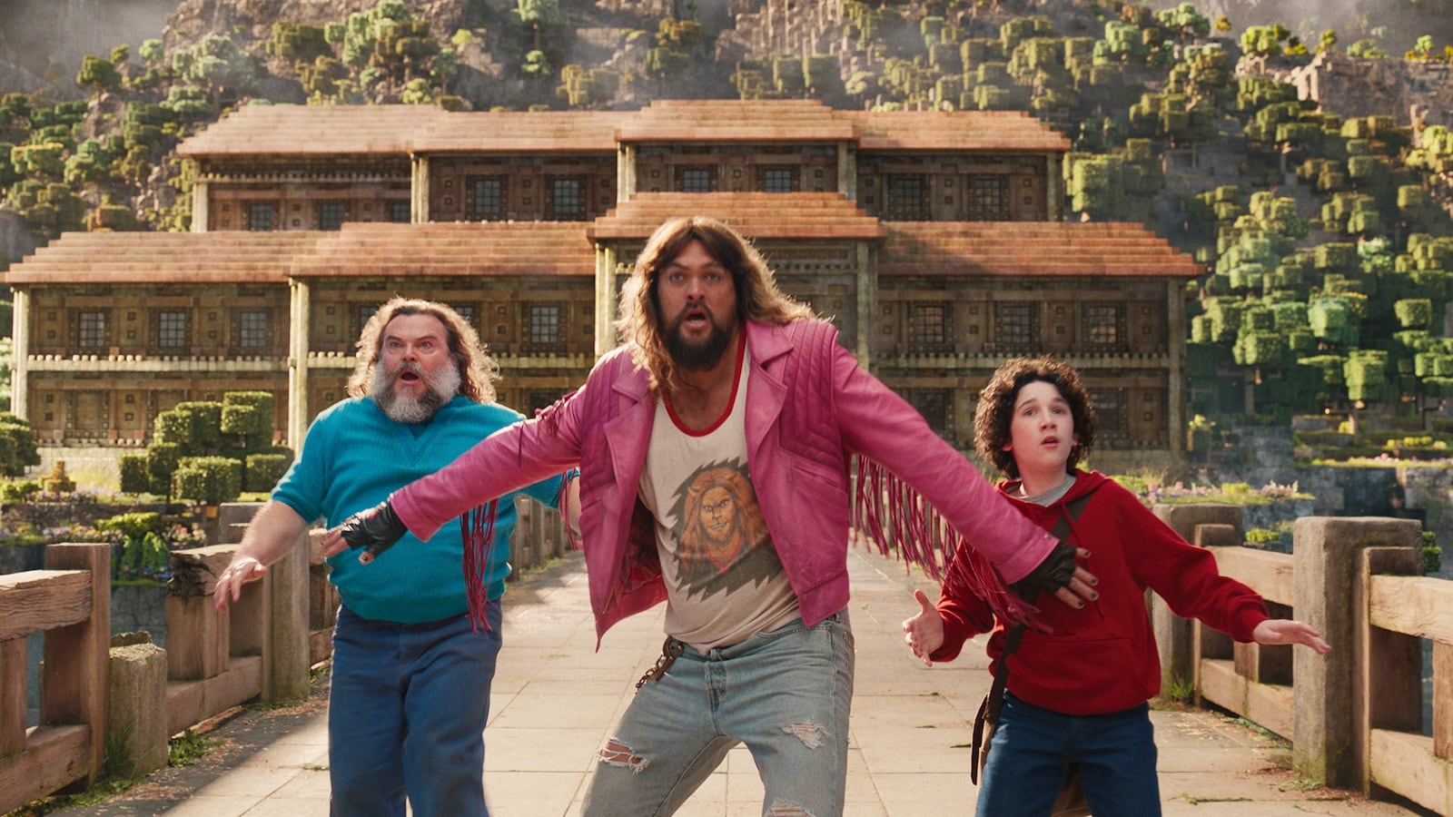 Jack Black, Jason Momoa, and Sebastian Hansen in "A Minecraft Movie."