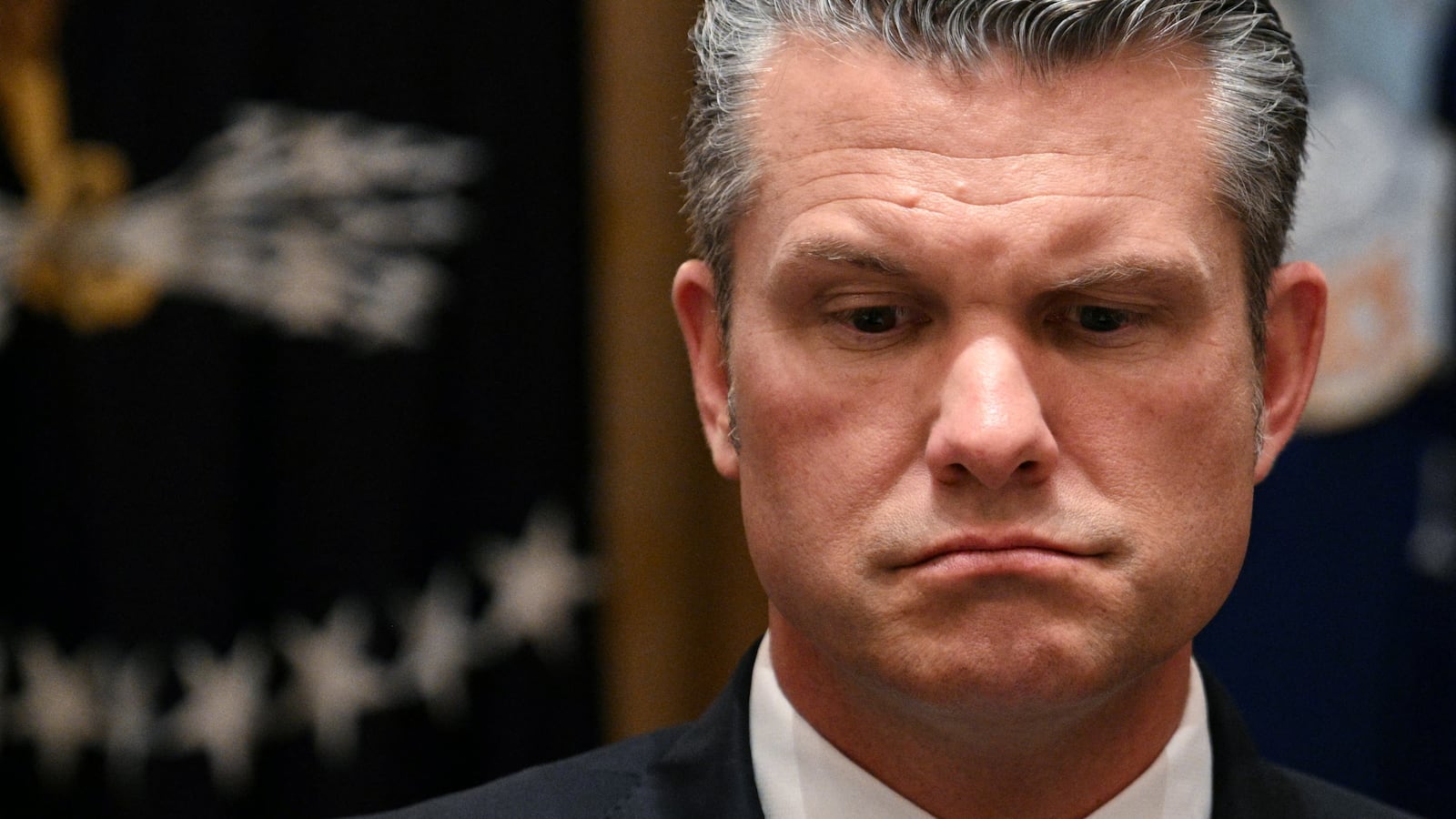 US Secretary of Defense Pete Hegseth looks on as President Donald Trump speaks during a cabinet meeting in the Cabinet Room of the White House in Washington, DC, on October 9, 2025. Trump said Thursday he would try to go to Egypt for the signing of a Gaza ceasefire and hostage release deal between Israel and Hamas. (Photo by Jim WATSON / AFP) (Photo by JIM WATSON/AFP via Getty Images)