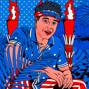 Illustration of Jon Lovett on Survivor in American regalia