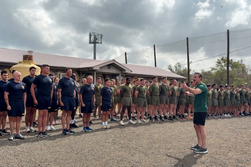 U.S. Defense Secretary Pete Hegseth speaks to troops at the U.S. naval base at Guantanamo Bay,  Cuba, in the still image from video June 10, 2026. REUTERS/Phil Stewart