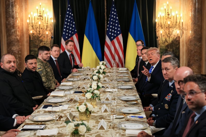 PALM BEACH, FLORIDA - DECEMBER 28: U.S. President Donald Trump speaks during the meeting with Ukrainian President Volodymyr Zelensky at his Mar-a-Lago club on December 28, 2025 in Palm Beach, Florida. Trump invited Zelensky to his private club to work on the U.S.-proposed peace plan to end the war in Ukraine as the conflict approaches four years since the sudden full-scale invasion by Russia on February 24, 2022. (Photo by Joe Raedle/Getty Images)