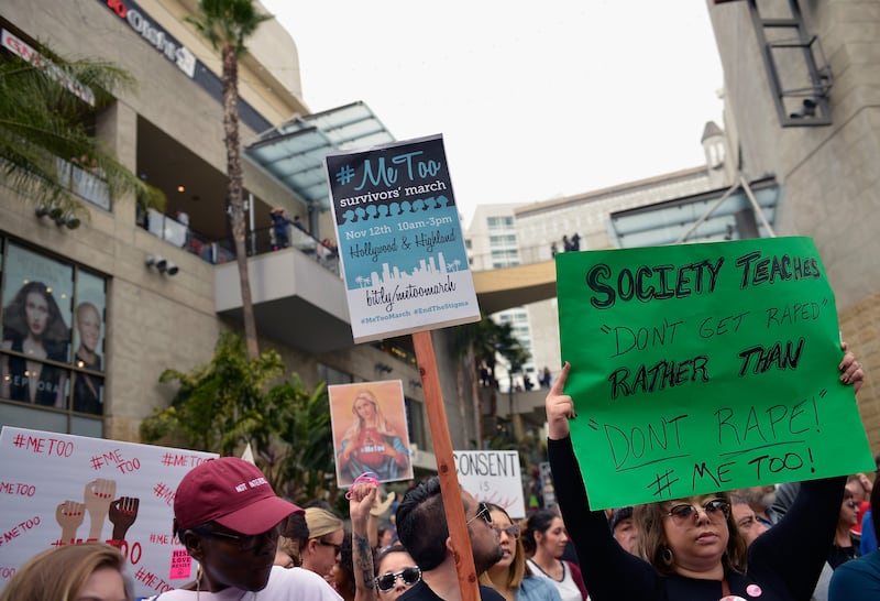 Participants seen at the #MeToo Survivors March & Rally on November 12, 2017 in Hollywood, California.