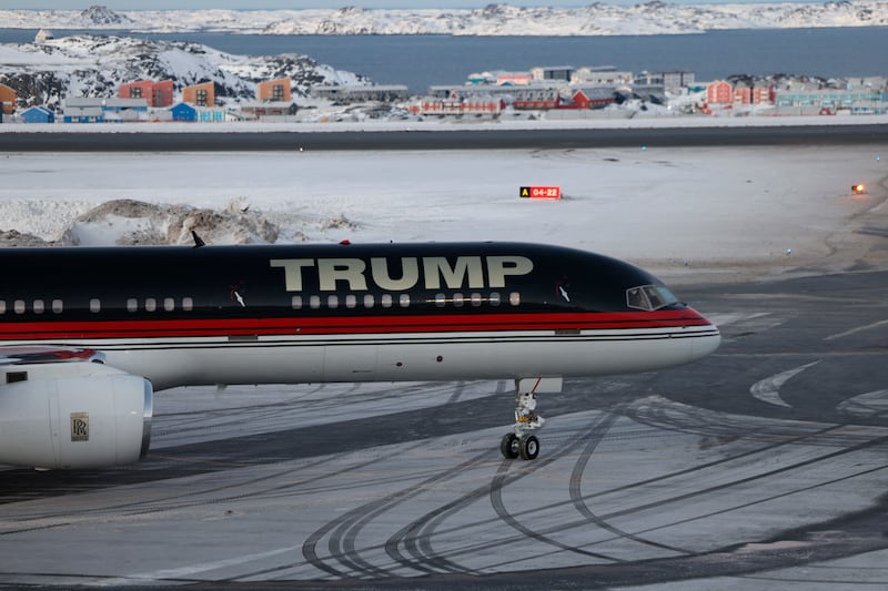 An aircraft reading "Trump" carrying Donald Trump Jr. arrives in Nuuk, Greenland on January 7, 2025.