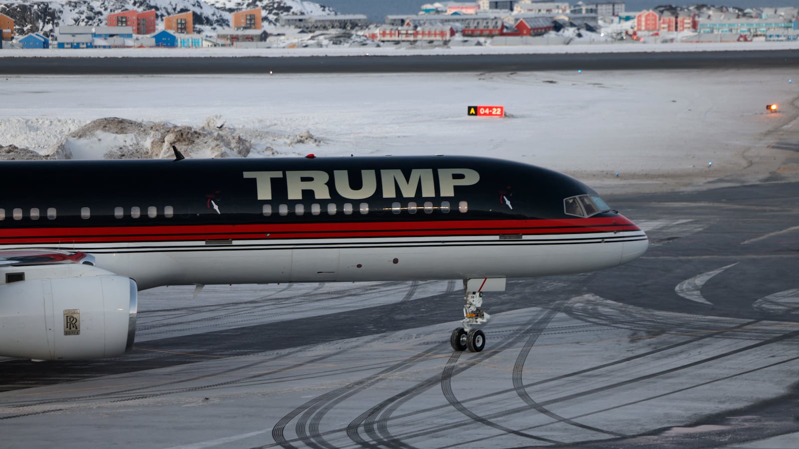 An aircraft reading "Trump" carrying Donald Trump Jr. arrives in Nuuk, Greenland on January 7, 2025.
