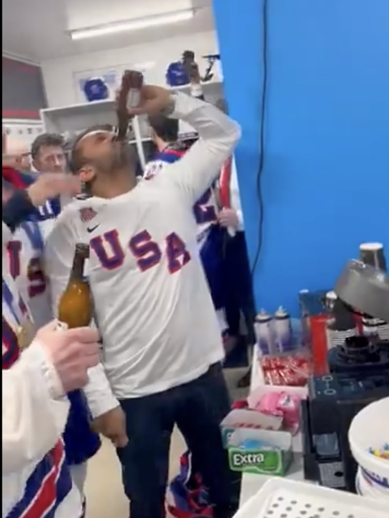 Patel chugged beer in the U.S. men's Olympic hockey team locker room after they won gold in Milan in February.