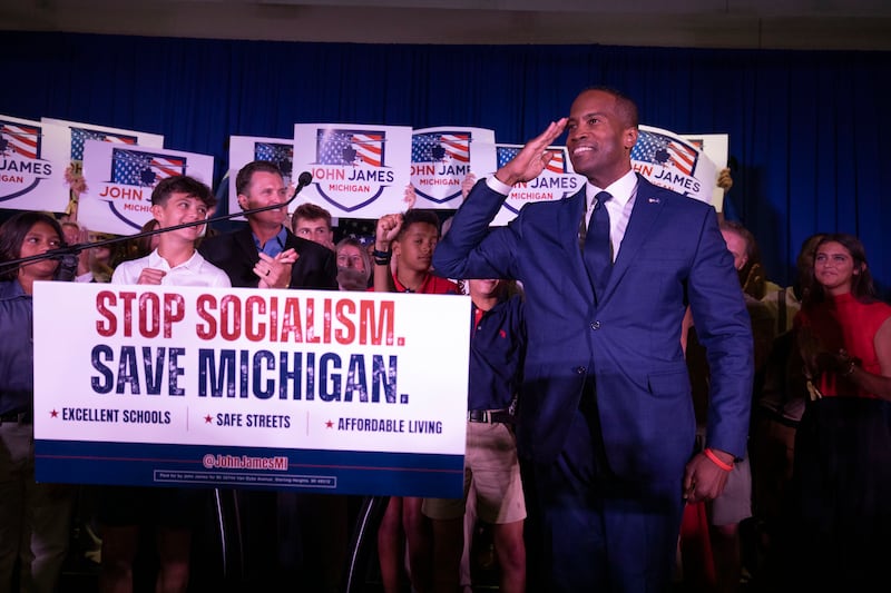 STERLING HEIGHTS, MICHIGAN - AUGUST 4: Michigan Republican gubernatorial candidate, U.S. Rep. John James (R-MI) speaks at an election night watch party after defeating businessman Perry Johnson in the primary on August 4, 2026 in Sterling Heights, Michigan. James will face Democrat state Secretary of State Jocelyn Benson in the November general election. (Photo by Bill Pugliano/Getty Images)