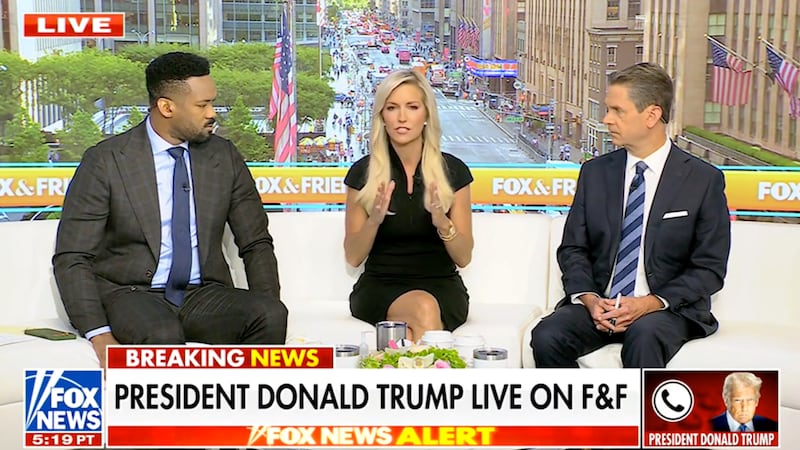 Fox and Friends hosts Lawrence Jones, Ainsley Earhardt and Griff Jenkins.