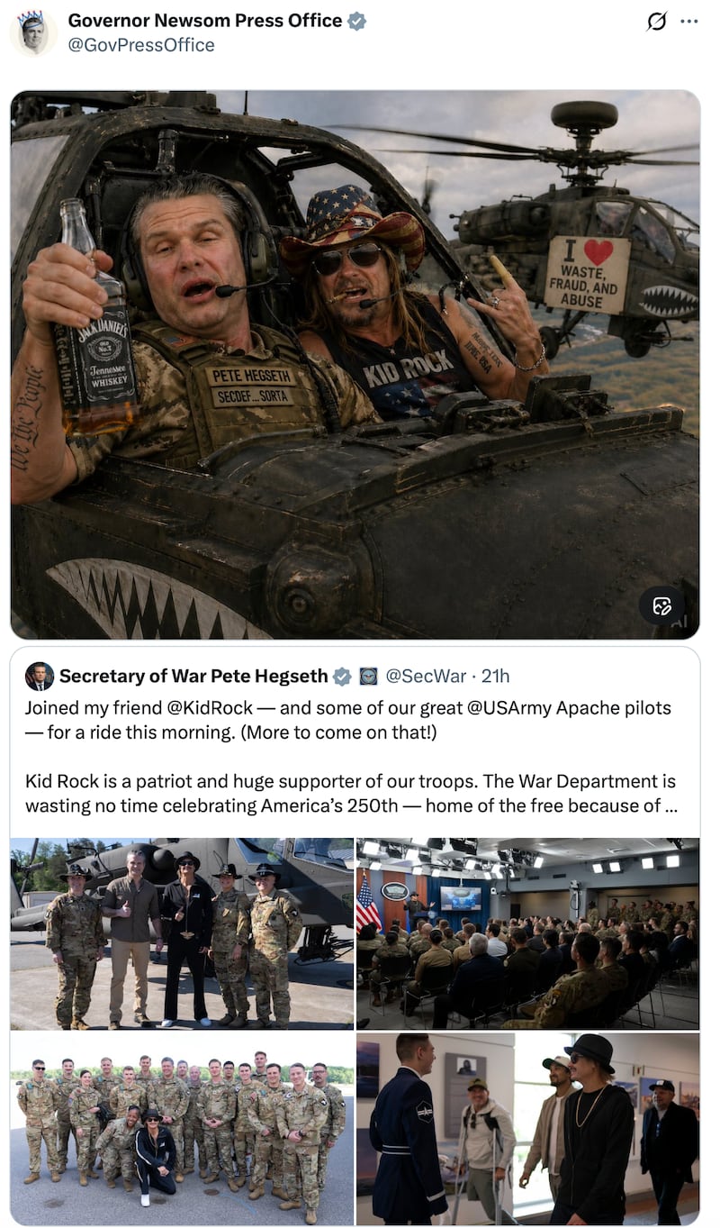 Gavin Newsom's Press Office account fire up an AI image of Pete Hegseth and Kid Rock.
