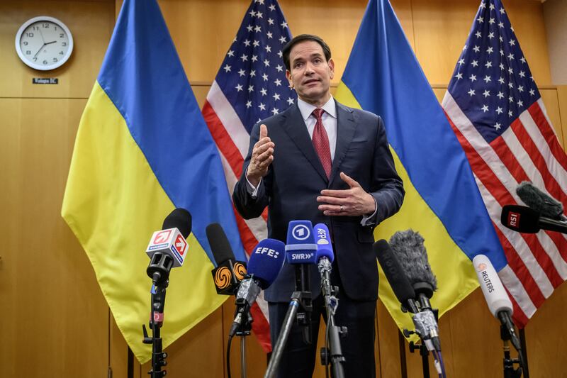 Secretary of State Marco Rubio holds a press conference following a closed-door talks on a U.S. plan to end the war in Ukraine at the U.S. Mission in Geneva, on November 23, 2025.