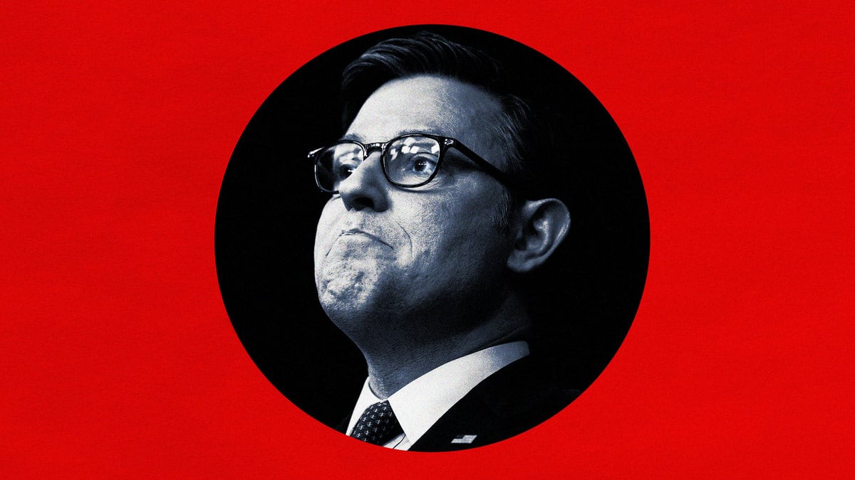 A photo illustration showing Mike Johnson looking upset and surrounded by red to represent the GOP’s anger.