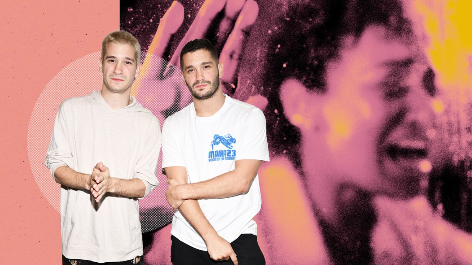 A photo illustration featuring Talk to Me directors Michael and Danny Philippou.