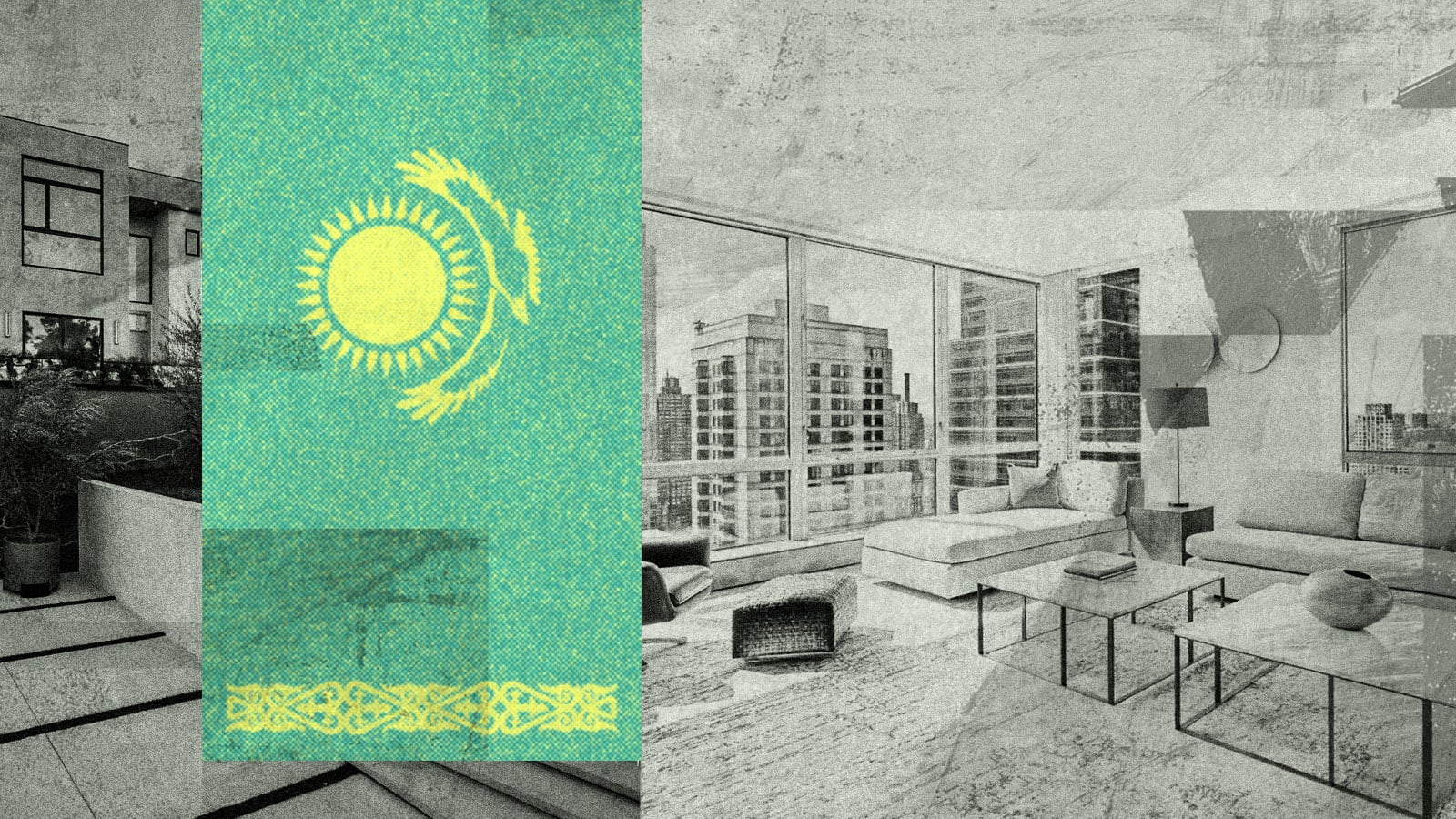 A photo illustration showing the Khasikstan flag over images of Eduard Ogai’s luxury real estate, pictured here in the U.S.