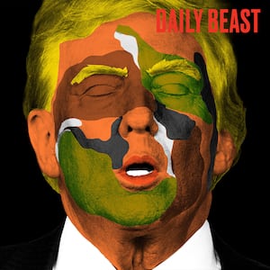 Donald Trump with his eyes closed and camouflage paint on his face