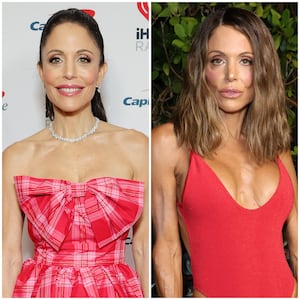 On the left, Bethenny Frankel wears a bright-pink and red dress at the 2023 Jingle Ball; on the right, Frankel poses backstage at the 2026 Sports Illustrated Swimsuit Runway Show.