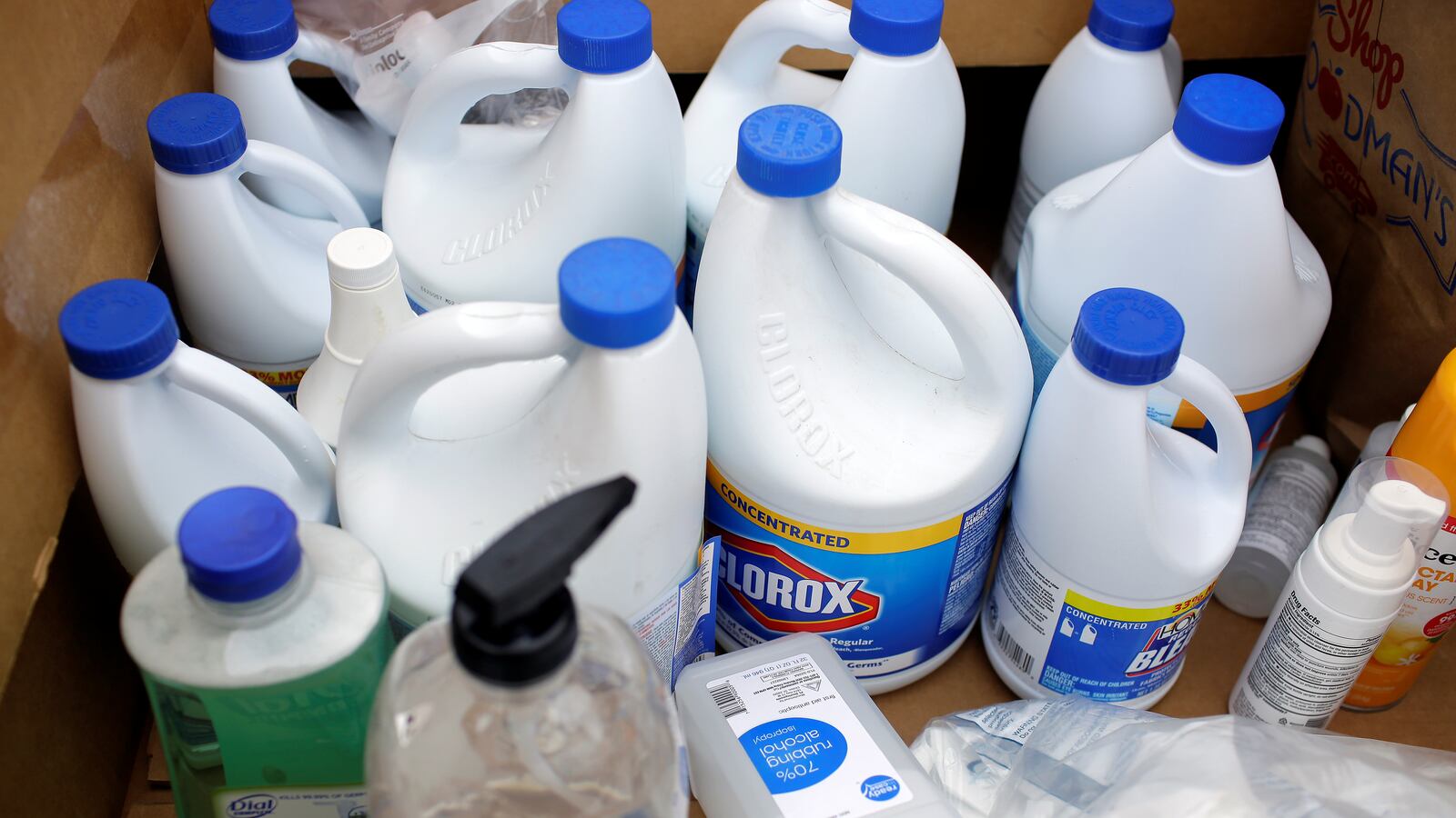 Bottles of bleach and hand sanitizer to be donated to healthcare workers treating coronavirus disease (COVID-19) in Chicago, Illinois, March 29, 2020.