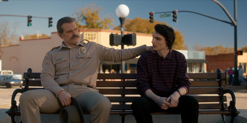 David Harbour as Jim Hopper and Finn Wolfhard as Mike Wheeler in Stranger Things: Season 5.