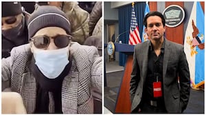 Brandon Straka during the Capitol riot (L) and at the Pentagon for Hegseth's Iran briefing (R).