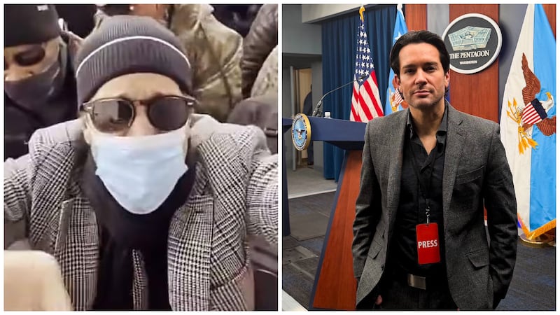 Brandon Straka during the Capitol riot (L) and at the Pentagon for Hegseth's Iran briefing (R).