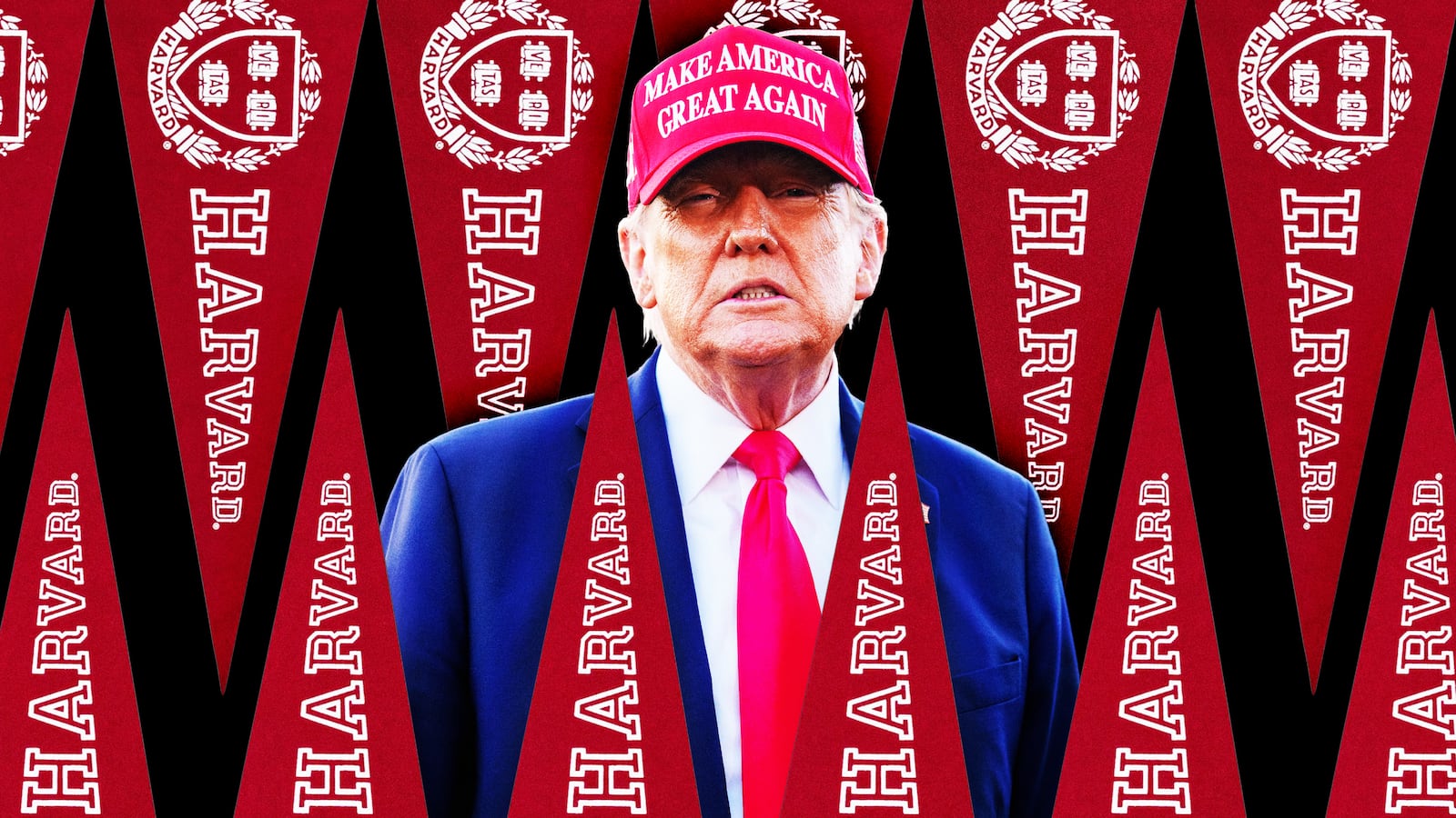 A photo illustration of President Trump in a MAGA hat surrounded by Harvard pennants.
