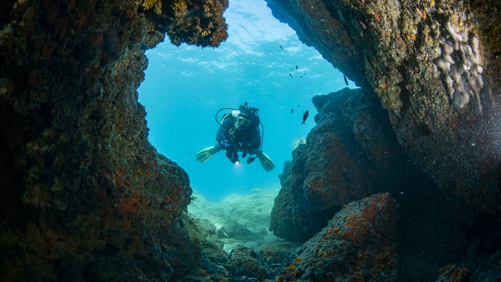 A scuba diver explores underwater caves and caverns off the coast of Kusadasi in Aydin, Turkiye on September 17, 2026. The coastal area, known for its unique natural rock formations and vibrant marine life, attracts local and foreign diving enthusiasts to popular locations such as the Adakule Cave in Aydin.