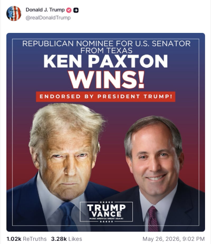 President Donald Trump quickly celebrated Paxton's win in a Truth Social post.