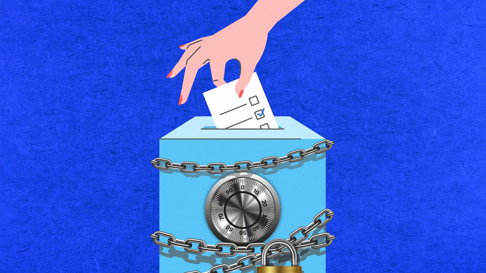 A photo illustration of a person dropping a ballot into a secured box.