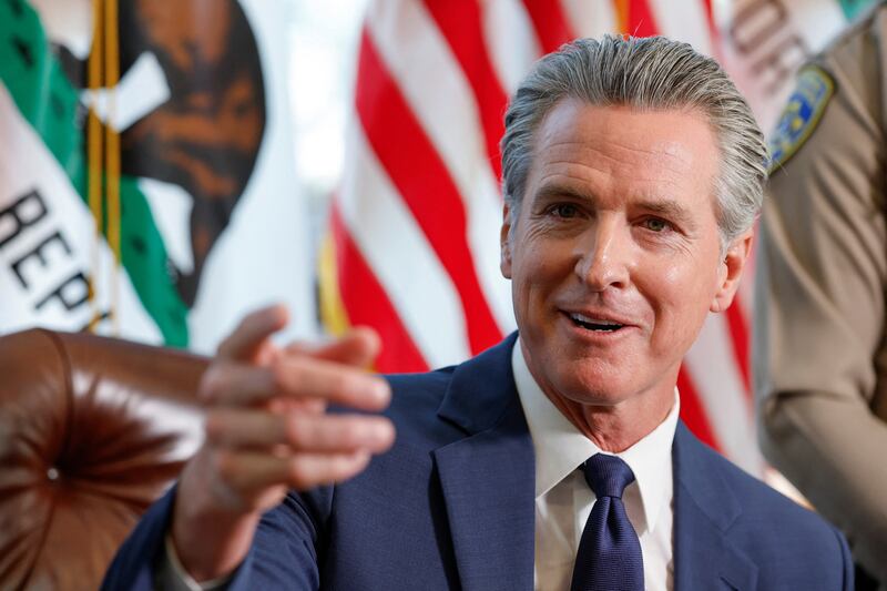 California Governor Gavin Newsom announces efforts to reduce crime by deploying California Highway Patrol (CHP) crime suppression teams to hotspots in the state, during a news conference in his office in Sacramento, California, U.S. August 28, 2025.  REUTERS/Fred Greaves