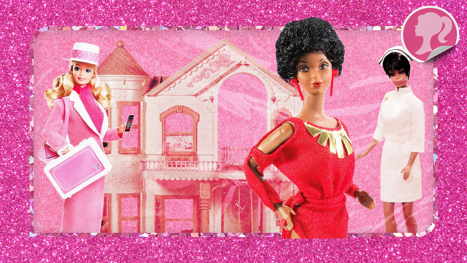 An illustration including Toy Barbie Dolls and the 1998 Barbie Deluxe Dreamhouse