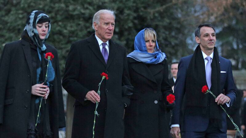 ISTANBUL, TURKEY - JANUARY 22: Vice President of the United States Joe Biden (2nd L), his wife Dr. Jill Biden (2nd R), his granddaughter Naomi Biden (L) and his son in law Howard Krein (R) leave carnations in front of Obelisk, where recent Sultan Ahmed terror attack took place, in Istanbul, Turkey on January 22, 2016.