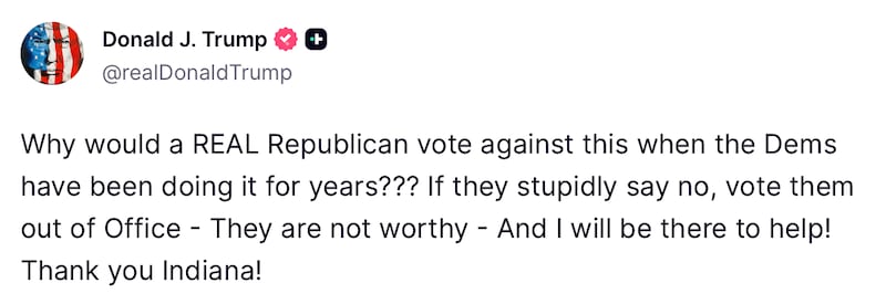 Donald Trump posts about Indiana on Truth Social.