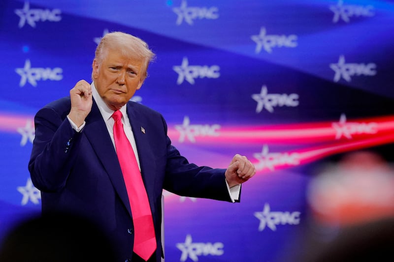 President Donald Trump dances onstage at the 2025 Conservative Political Action Conference annual meeting in National Harbor, Maryland on February 22, 2025.