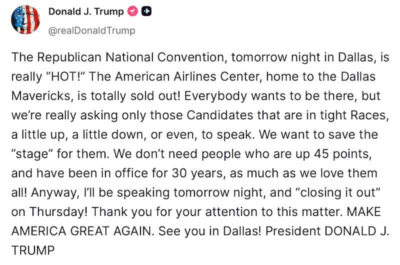 Donald Trump posts about his GOP convention in Texas being "HOT!"