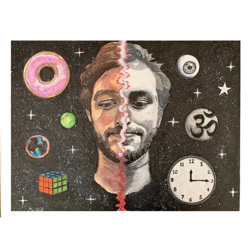 A painting showing a male head in color on left and black and white on right with a donut, a clock, and a Rubik's Cube among other items apparently floating in space