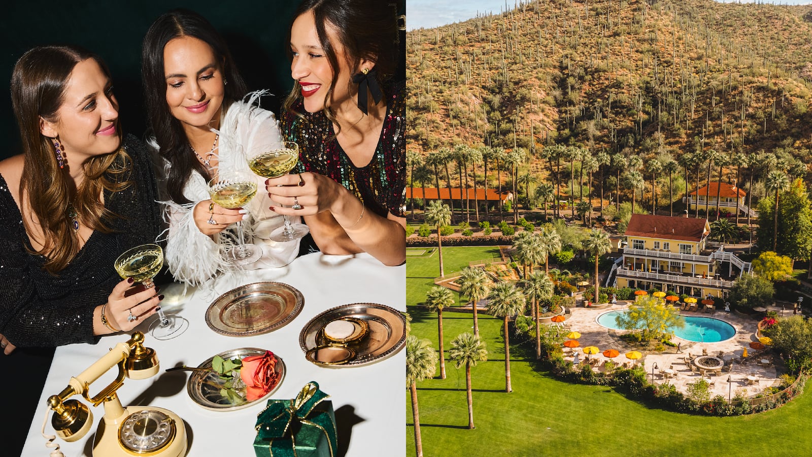 Two photos of child-free getaway spots, including Veil & Velvet at the Four Seasons Los Angeles and Castle Hot Springs in Arizona.