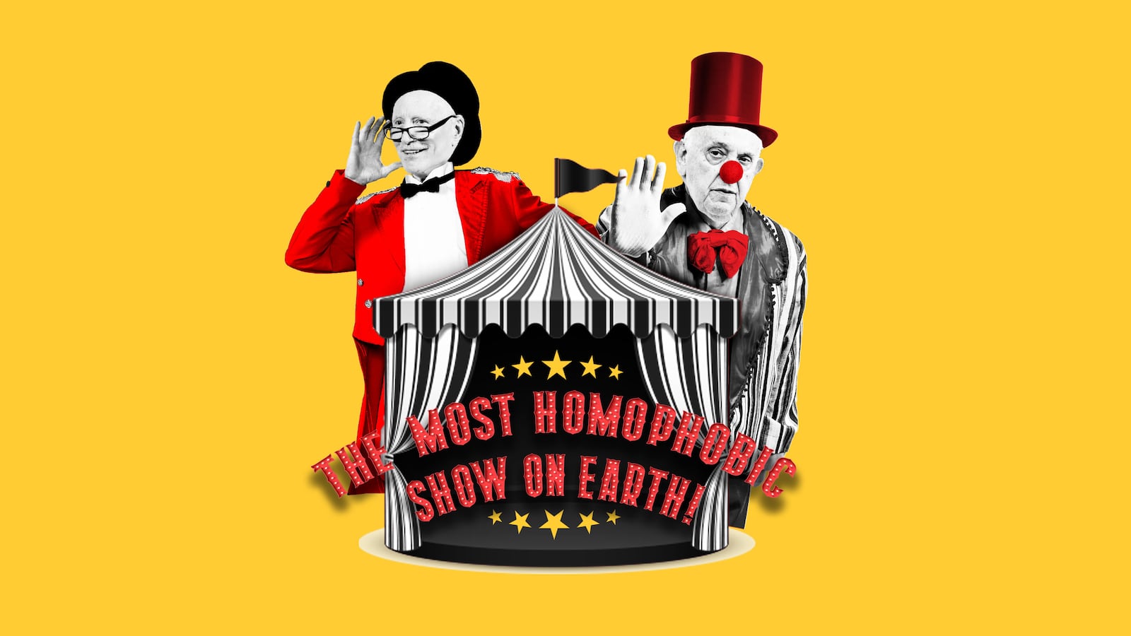 A photo illustration of Richard Dreyfuss and Pope Francis as circus performers