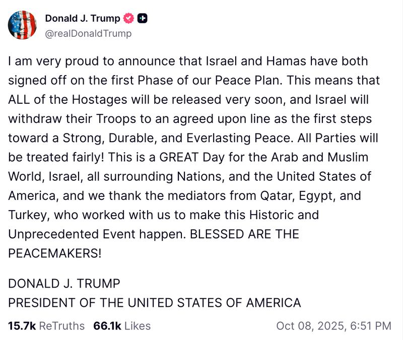 Trump's Truth Social post announcing that Israel and Hamas signed off on phase one of the President's ceasefire deal.