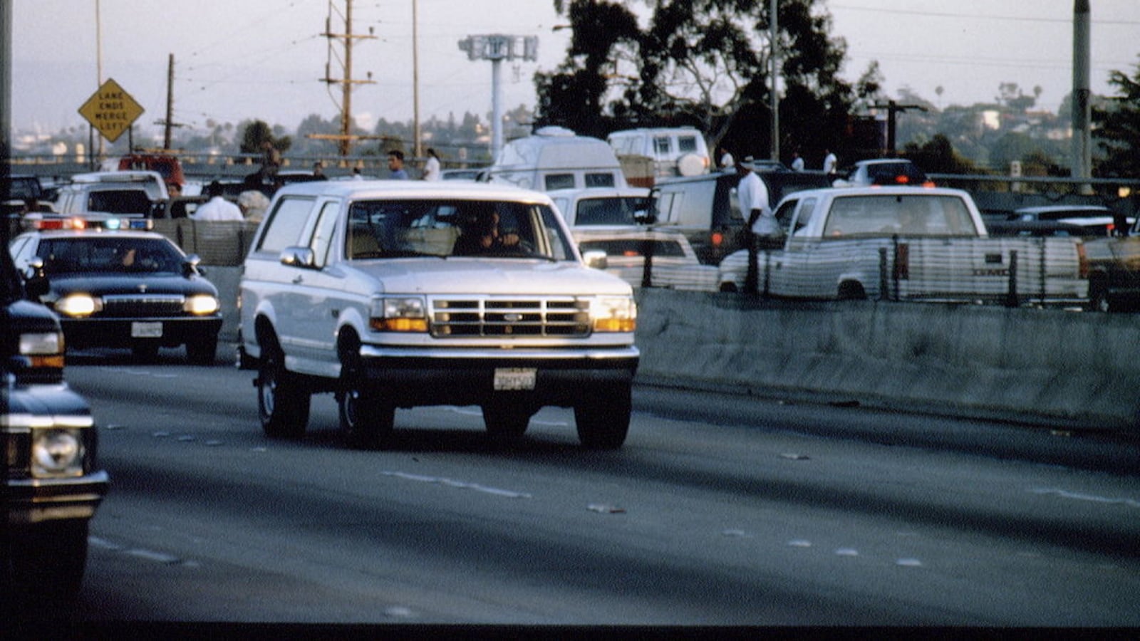 The white Ford Bronco carrying fugitive murder suspect O.J. Simpson during a 90-minute slow-speed car chase down the 405 freeway in Los Angeles.