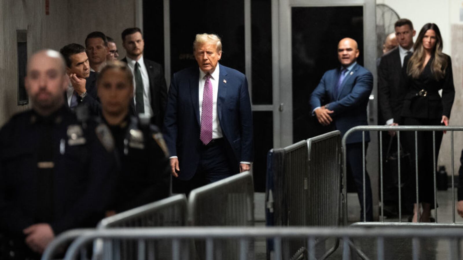 Former U.S. President Donald Trump speaks to the media at the end of the day during his criminal trial as jury selection continues at Manhattan Criminal Court.