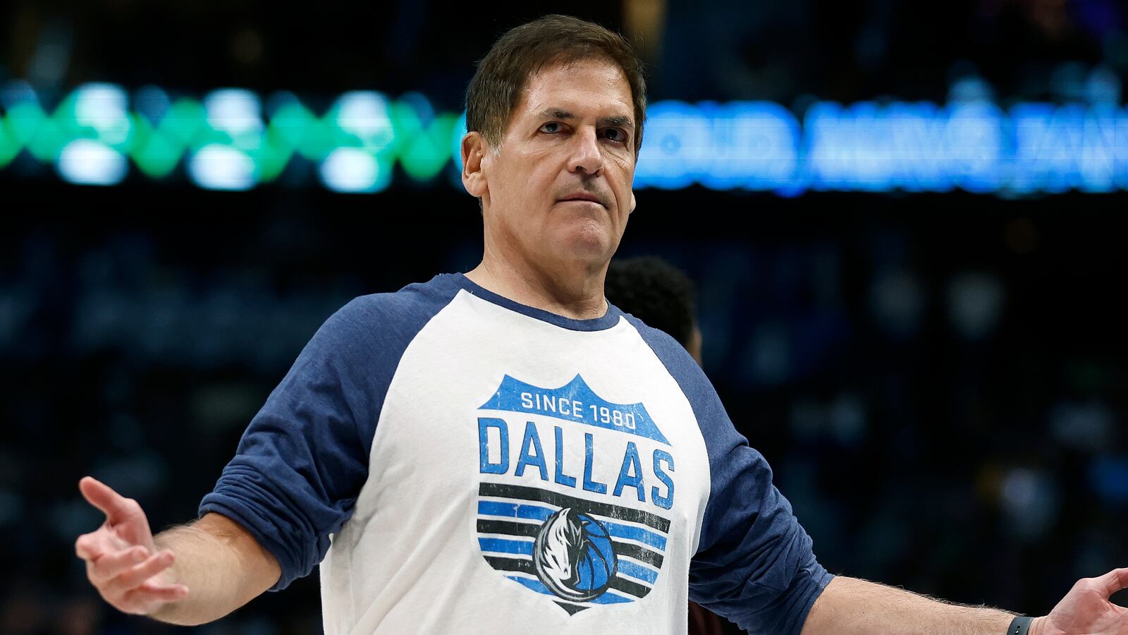 DALLAS, TEXAS - MARCH 22: Dallas Mavericks owner Mark Cuban reacts during a timeout in the game against the Golden State Warriors at American Airlines Center on March 22, 2023 in Dallas, Texas. NOTE TO USER: User expressly acknowledges and agrees that, by downloading and or using this photograph, User is consenting to the terms and conditions of the Getty Images License Agreement. (Photo by Tim Heitman/Getty Images)